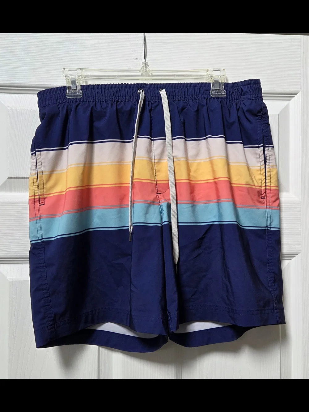 Men's Navy Stripe Swim Trunks with Multi-Color Bands